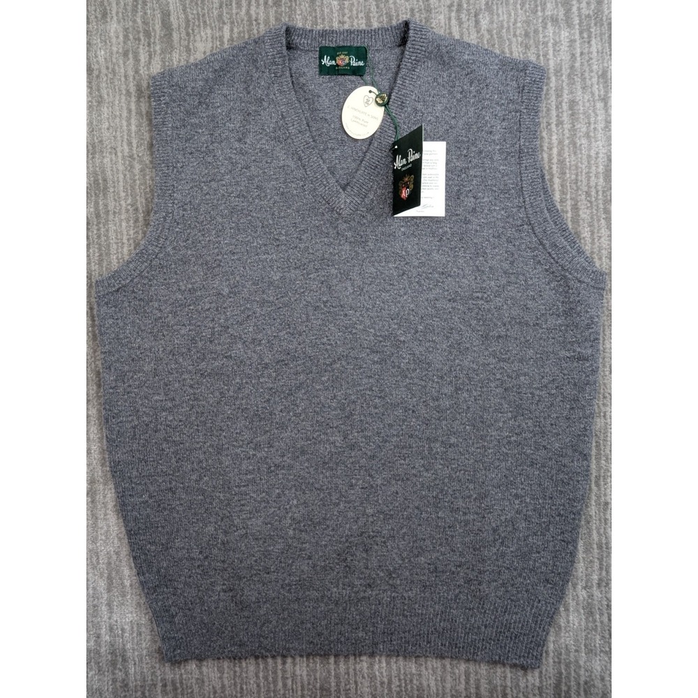 Alan Paine Mens Gray Lambswool Sweater Vest V-Neck Norfolk Slipover UK 42 L NEW